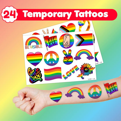 48PCS Pride Party Set - 24PCS Rainbow Temporary Tattoos & 24PCS Slap Bracelets-LGBTQ+Celebration Supplies, Birthday Gifts, Baby Shower Favors, Classroom Rewards,Party Decor for Kids (Boys & Girls)