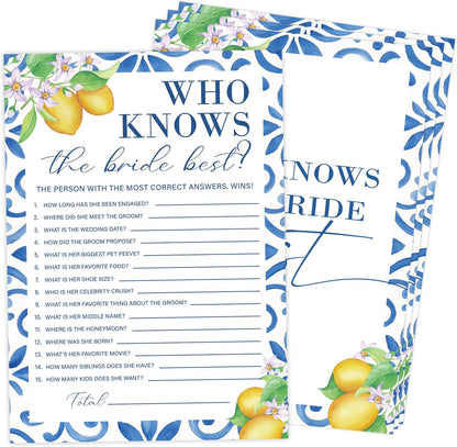 Mediterranean Lemon Bridal Shower Bingo Game with Blank Squares, Pack of 30 Game Cards, Bridal Shower Decorations, Wedding Engagement Decor, Bachelorette Party Supplies - KR30