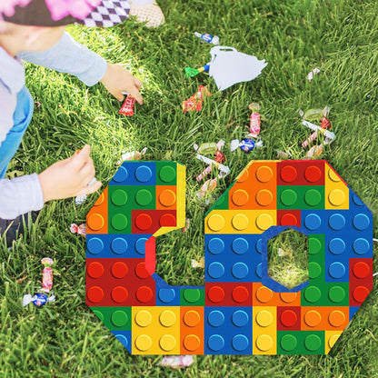 Number 7 Pinata Building Blocks with Pinata Stick Blindfold 7th Birthday Party Decorations Happy Birthday Building Block Theme Anniversary Party Supplies for Kids (Small, 16 x 10.6 x 3 in)
