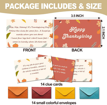 Thanksgiving Scavenger Hunt Cards, Fall Thanksgiving Party Games, Scavenger Hunt Clue Game Card for Adults Family, Fall Party Decorations Supplies, 14 Cards with Envelopes- B01