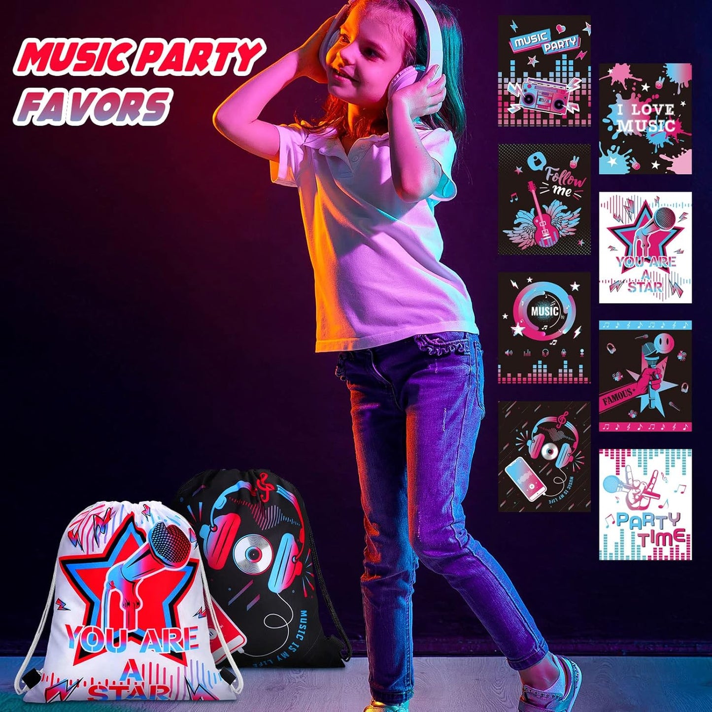 Funtery 32 Pcs Glow Party Drawstring Bags Glow Party Favors Neon Birthday Treat Bags for Teens Social Media Theme Gifts School Travel Supplies, 11.81 x 9.84 Inch