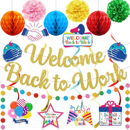 Welcome Back Decorations for Office Welcome Back to Work Decorations with Banner Circle Dot Garland Hanging Swirls Pompoms for Office Party Decor Sign