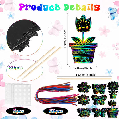 HyDren 80 Pcs Spring Scratch Cards Rainbow Flower Butterfly Scratch Paper Tea Party Theme Flower Crafts with Bamboo Stylus and Ribbon for Adult Home DIY Craft(Classic Style)
