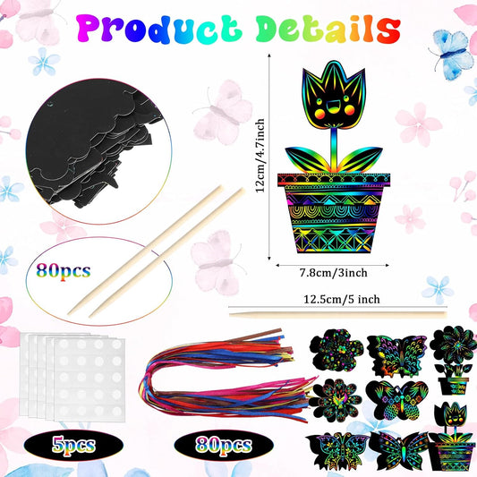 HyDren 80 Pcs Spring Scratch Cards Rainbow Flower Butterfly Scratch Paper Tea Party Theme Flower Crafts with Bamboo Stylus and Ribbon for Adult Home DIY Craft(Classic Style)