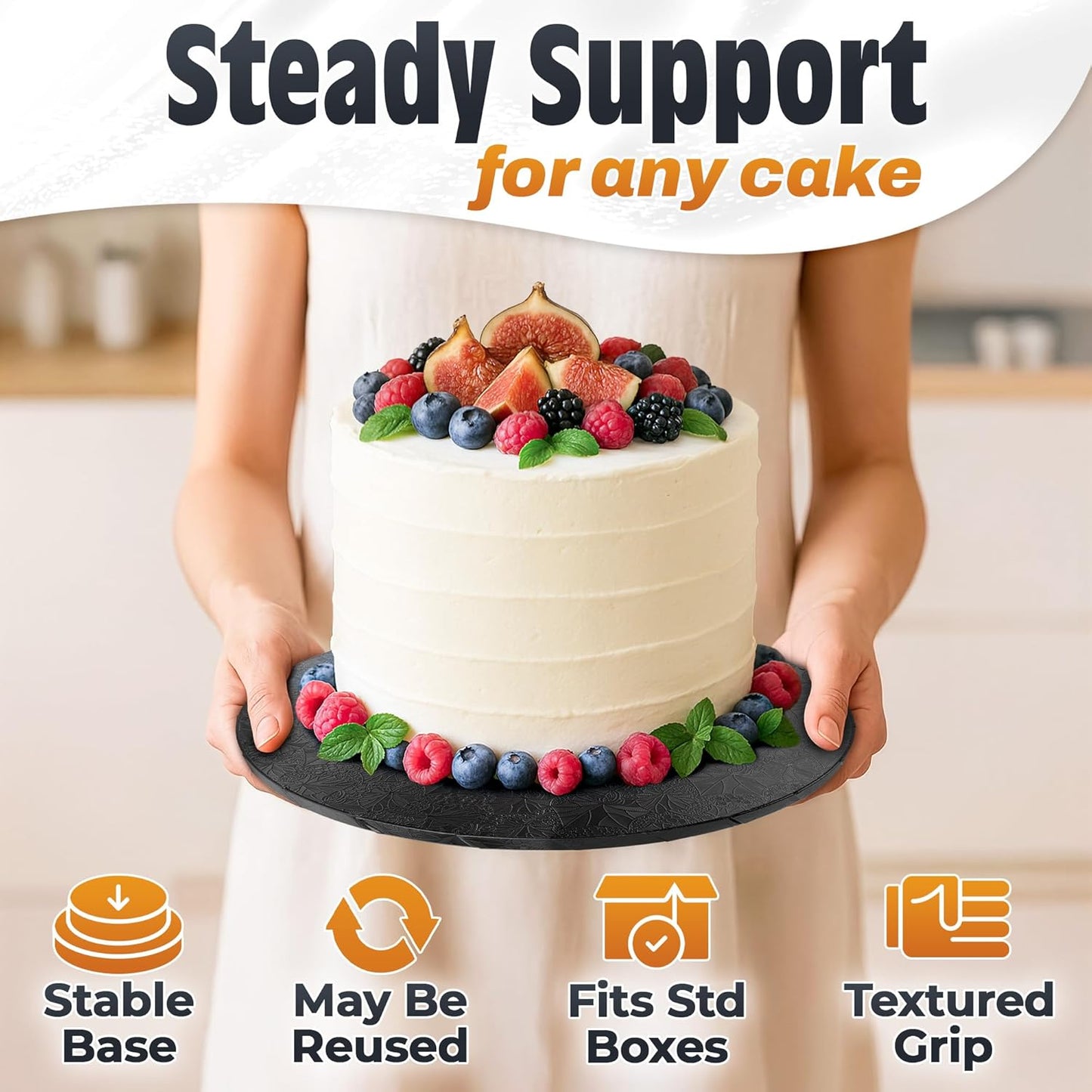 12 Inch Cake Drum, Black Cake Board for Picture-Ready Celebration Cakes, 1/2 Inch Thick Round Cardboard Base with Grease & Moisture Resistant Surface and Decorative Pattern for Parties and Weddings