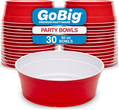 GoBig Red Party Cup Bowls - Large Disposable Plastic Bowls - 22 oz or 60 oz