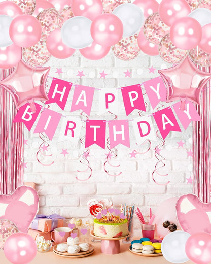 Lutoys Rose Gold Happy Birthday Party Decorations, Happy Birthday Banner, Rose Gold Foil Heart Star Confetti Balloons Curtain Backdrop Hanging Swirls Party Decor for Girls Women Princess