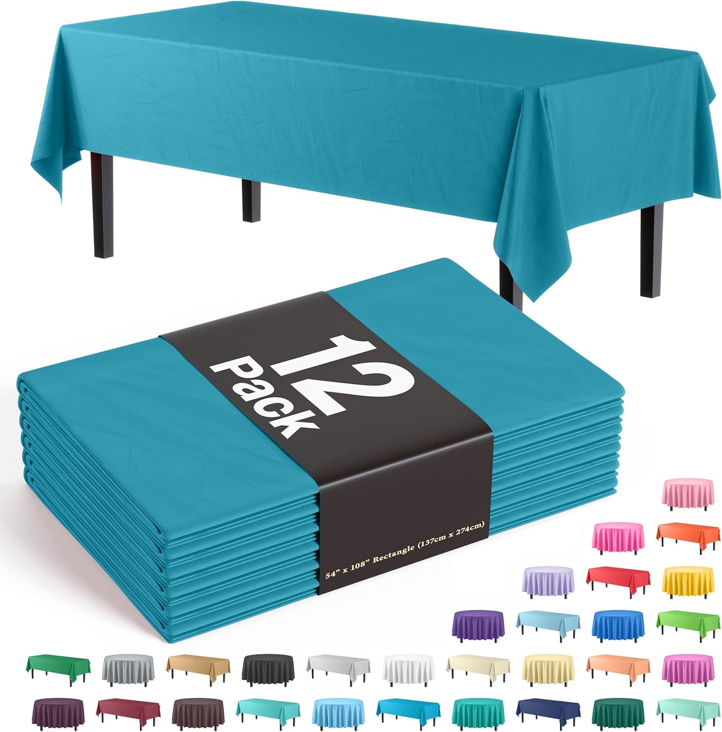 12-Pack Premium Plastic Tablecloth 54in. x 108in. Rectangle Table Cover - Dark Blue - Colors B