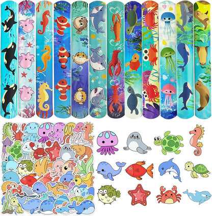 74PCS Ocean Animals Party Favor 50PCS Under the Sea Party Stickers&24PCS Slap Bracelets Sea Animals Birthday Supplies Team Gift Filler