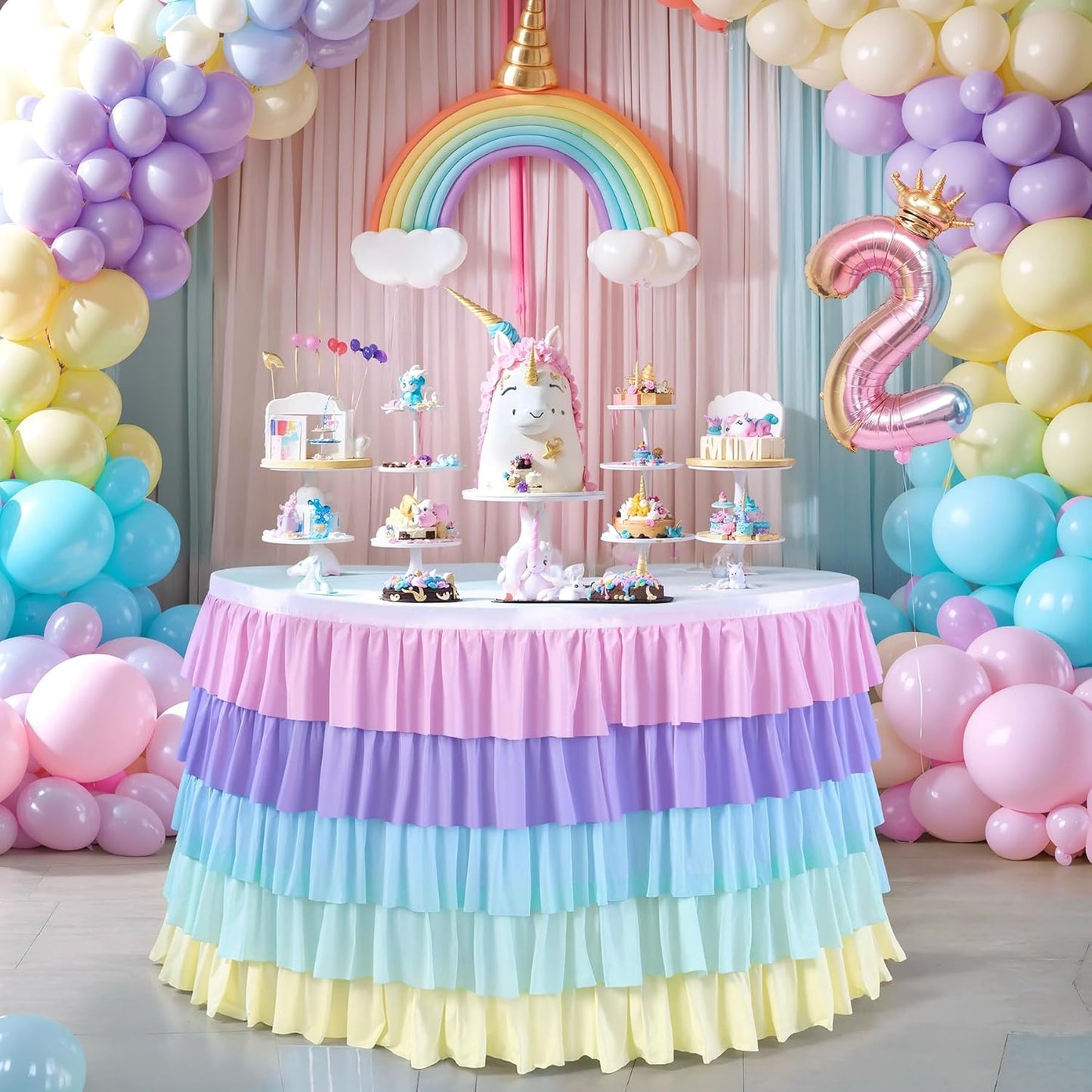 6ft Rainbow Tutu Table Skirt for Rectangle Round Tables Chiffon Table Cloth for Birthday Party Decorations Baby Shower Parties Ruffle Table Skirting