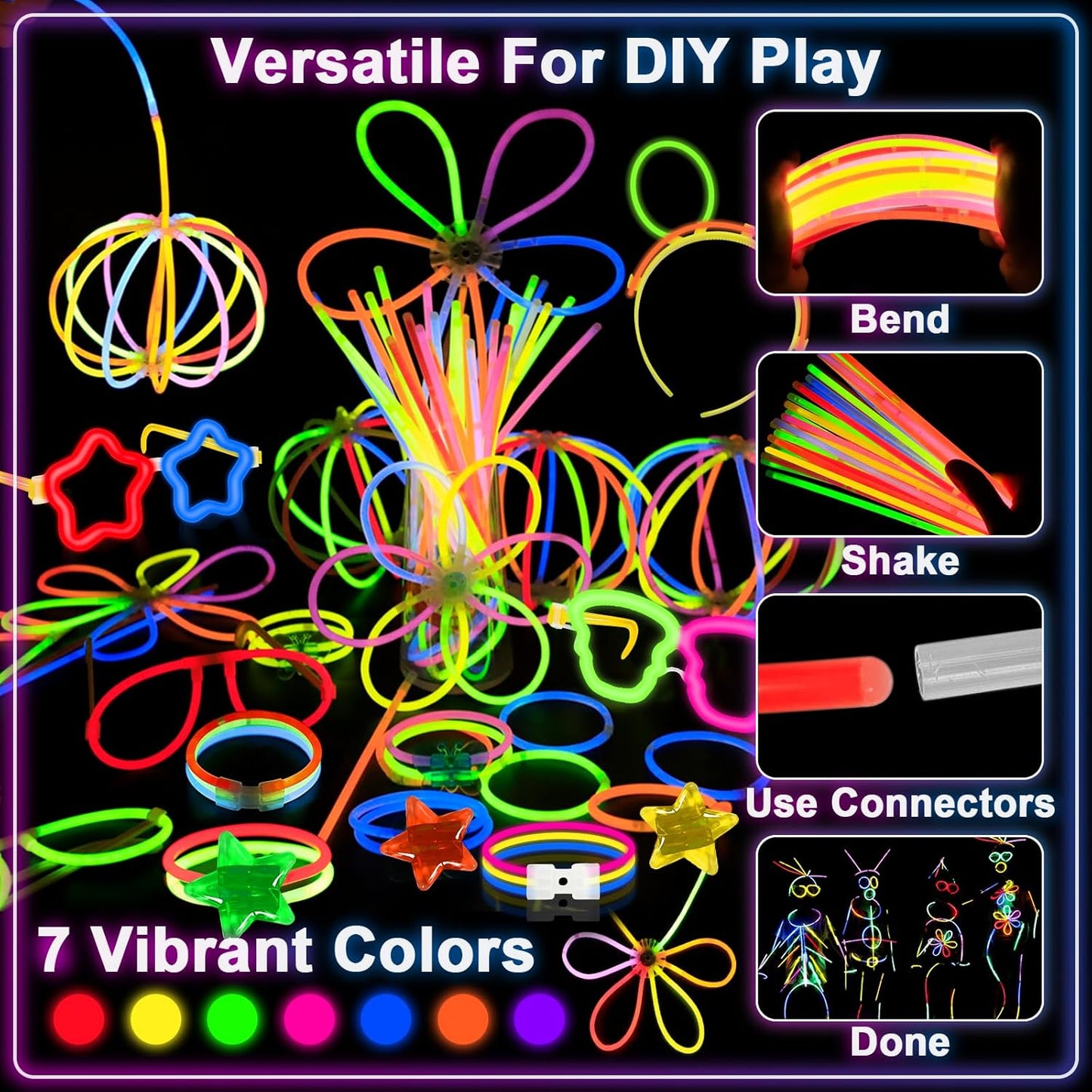 647PCS Glow Sticks, Glow in the Dark Party Favors Party Supplies for Adults Glow Sticks Bulk & Connectors Light Up Glasses Headbands Bracelets Necklace for football Birthday Wedding Patriotic