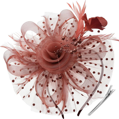 DRESHOW Fascinators Hat Flower Mesh Ribbons Feathers on a Headband and a Clip Tea Party Headwear for Girls and Women - Colors A