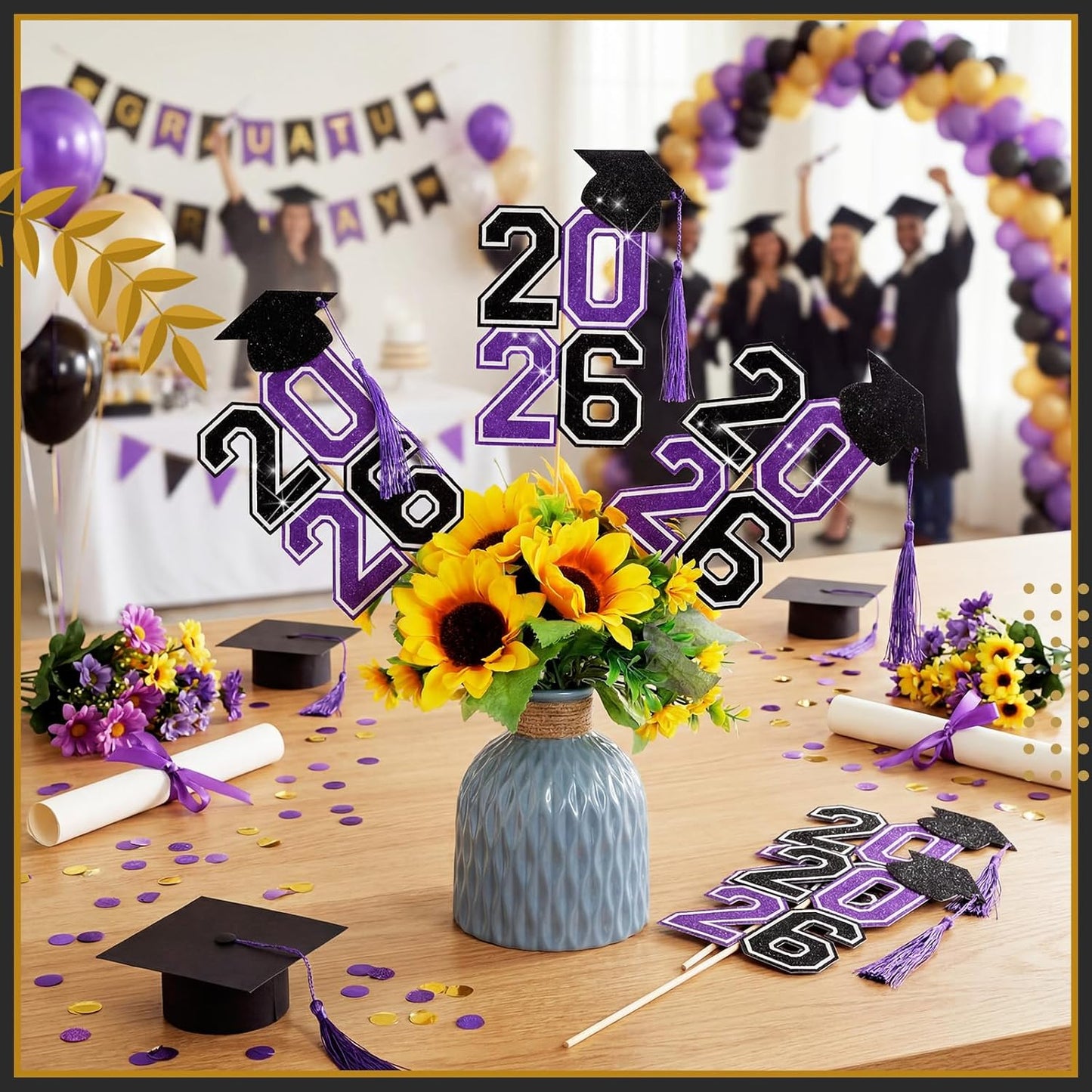 10 Pcs Graduation Table Centerpieces Sticks with Tassels, class of 2026 Grad Cap Picks Table Decoration Cupcake Toppers for Party Centerpiece Decoration Supplies(Blue and Gold)