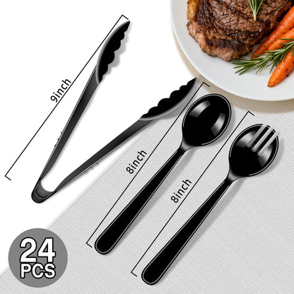 24 Pcs Black Plastic Serving Utensils Set - Heavy Duty Disposable Serving Spoons, Forks & Tongs (8 of Each) - BPA-Free Catering Supplies for Buffets, Parties, Weddings & Events (9 Inch)