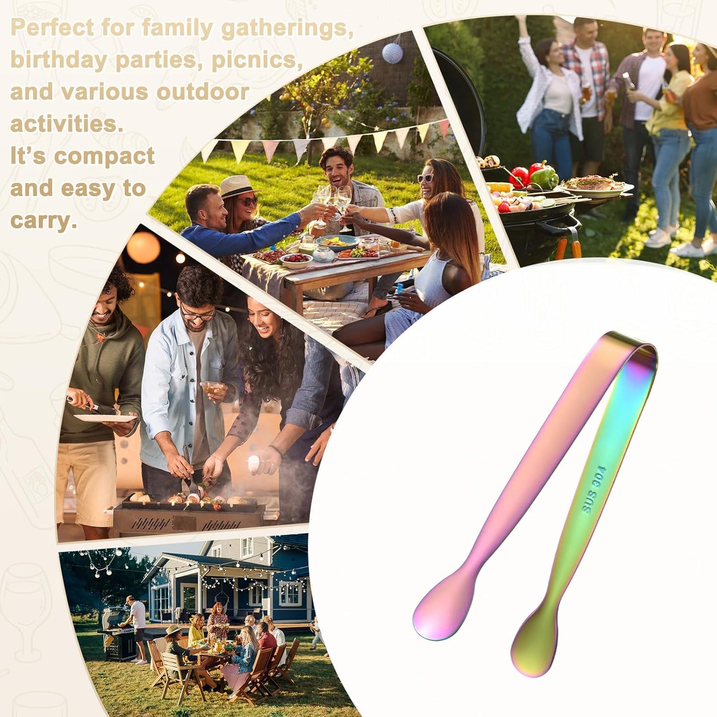 M METERXITY 12-Pack Mini Serving Tongs, 4.3 Inch 304 Stainless Steel Mini Sugar Cube Ice Tongs for Tea and Coffee Party/Outdoor Activities, Small U-shaped Metal Accessories [Colorful]