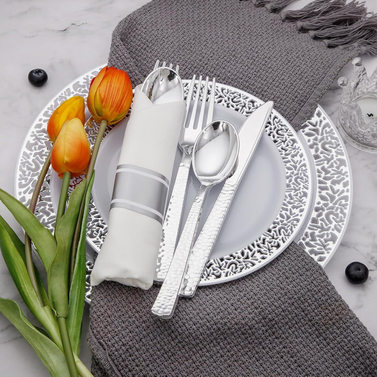 Supernal 180Pcs Silver Plastic Silverware Set, Elegant Hammered Design Heavy Duty Disposable Cutlery, Includes 60 Forks, 60 Knives, 60 Spoons,Silver Plastic Utensils for Wedding, Parties,Events
