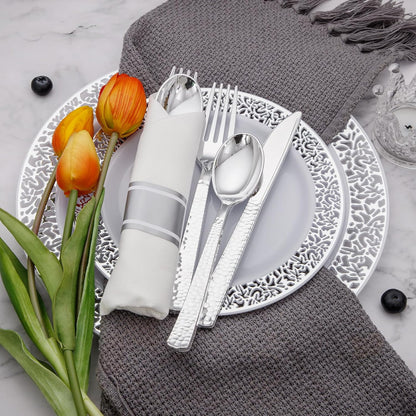 Supernal 180Pcs Silver Plastic Silverware Set, Elegant Hammered Design Heavy Duty Disposable Cutlery, Includes 60 Forks, 60 Knives, 60 Spoons,Silver Plastic Utensils for Wedding, Parties,Events