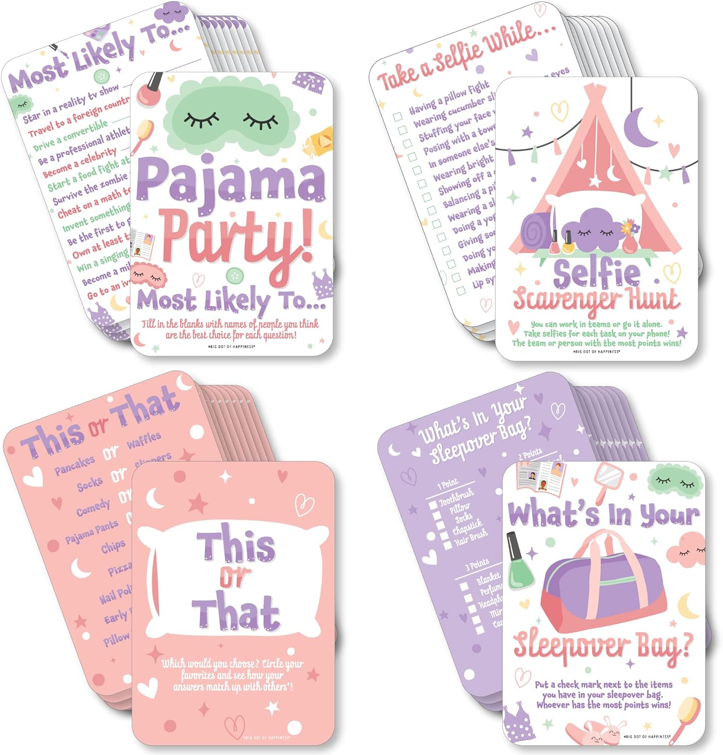 Big Dot of Happiness Pajama Slumber Party - Sleepover Activities & Games for 4 Girls, Birthday Party Group Games, Gamerific Bundle for Kids Parties - 10 Cards