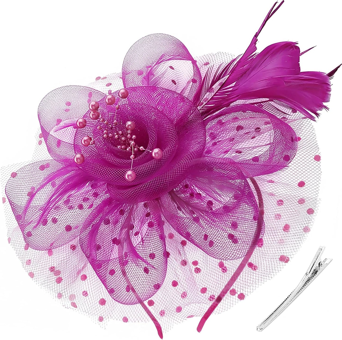 DRESHOW Fascinators Hat Flower Mesh Ribbons Feathers on a Headband and a Clip Tea Party Headwear for Girls and Women - Colors B