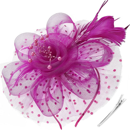 DRESHOW Fascinators Hat Flower Mesh Ribbons Feathers on a Headband and a Clip Tea Party Headwear for Girls and Women - Colors B