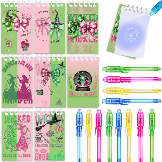 12 UV Pens and 12 Witch themed Notebooks, Children's Birthday Boy & Girl Party gift Bag Stuffers, Green and Pink Party favors, Advent Calendar Children cartoon Birthday Decoration