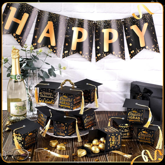 TaoBary 30 Pcs Graduation Cap Candy Box 2026 Graduation Decorations Party Favors Gifts Grad Cap Box with Tassel for Candy Chocolate Biscuit Supplies(Black)