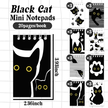 24Pcs Black Cat Mini Notepads Cute Cartoon Kitten Spiral Notebooks Funny Meme Pet Kitty Pocket Journals Memo Pads for Birthday Party Gift Goodie Bag Stuffers School Classroom Rewards, 8 Designs