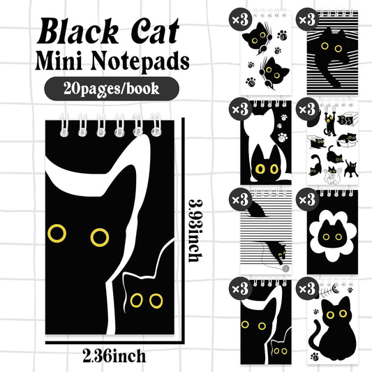 24Pcs Black Cat Mini Notepads Cute Cartoon Kitten Spiral Notebooks Funny Meme Pet Kitty Pocket Journals Memo Pads for Birthday Party Gift Goodie Bag Stuffers School Classroom Rewards, 8 Designs