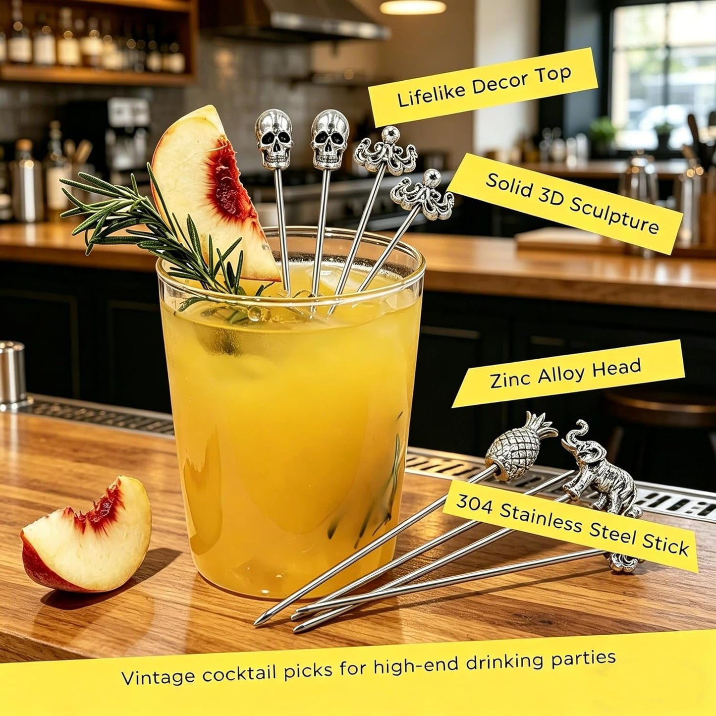 Homestia Stainless Steel Cocktail Picks, 4.7 Inch Reusable Martini Olive Picks, Metal Garnish Skewers for Drinks, Appetizers, Bloody Mary - Set of 6 Metal Cocktail Picks for Party Bar