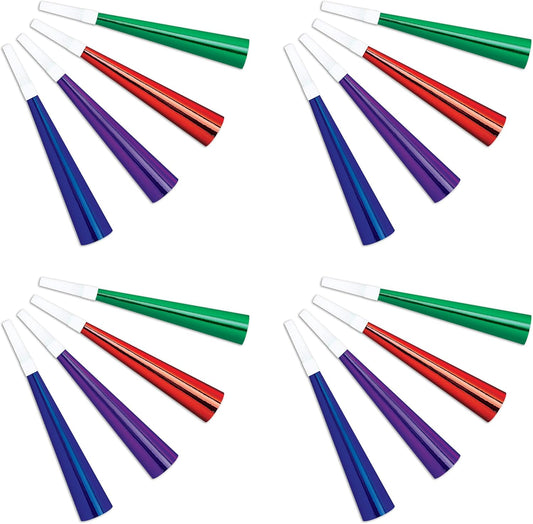 Beistle 16 Piece Shiny Assorted Colors Horns Happy New Years Noisemakers Birthday Party Favors, 9", Multicolored