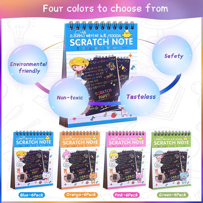 POKONBOY 16 Pack Scratch Arts and Crafts Notebooks, Scratch Note Pads for Kids Rainbow Party Favors Coloring Books for Kids Art Party Supplies Stocking Stuffers（16 Wooden Stylus & 4 Drawing Stencils）