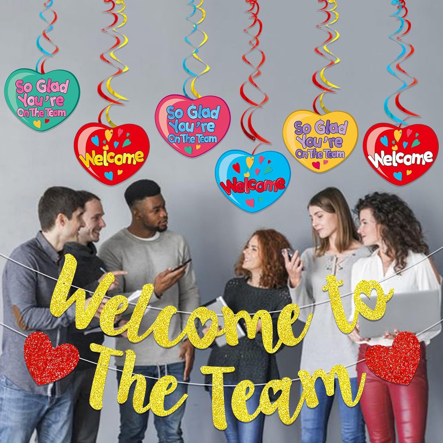 Gold Glitter Welcome To The Team Banner and Hanging Swirls, Welcome Banner, Welcome Sign, Welcome Decorations for New Employee Coworker Teacher Colleague Staff Team Member Office Party