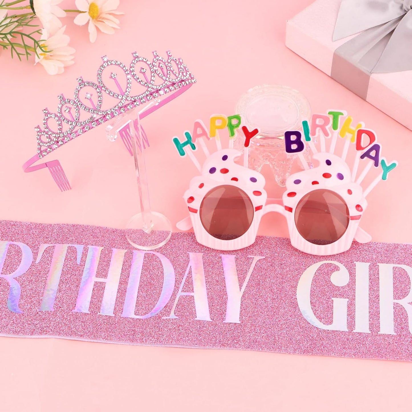 YARIEW 3rd Birthday Decorations, 3rd Glitter Purple Sash and Crown Kit with Happy Birthday Sunglasses, Tiara Princess Crown and Sash Party Outfit Accessory