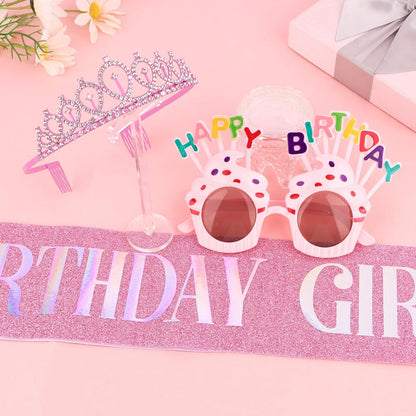 YARIEW 3rd Birthday Decorations, 3rd Glitter Purple Sash and Crown Kit with Happy Birthday Sunglasses, Tiara Princess Crown and Sash Party Outfit Accessory