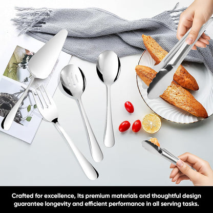 14PCS Serving Utensils - Hostess Serving Utensils Set, Premium Stainless Steel 8.7 inch Serving Utensils, Slotted Spoons, Fork, Tongs, Cake Pie Server for Buffet, Wedding, Dinner (Silver)