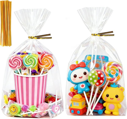 Soarvita 7x10 Inch Cellophane Treat Bags, 50 Pcs Clear Gift Bags with Bottom Gusset for Stand-Up Display, Cellophane Gift Wrap with 60 Gold Ties for Goodies, Treats, Candy, Party Favors, Toys