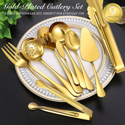Mwellewm 17Pcs Serving Utensils, Gold Stainless Steel Serving Spoons, Slotted Spoon, Fork, Tongs, Cake Pie Server, Soup Spoon, Metal Buffet Banquet Cutlery Set for Parties Entertaining Catering