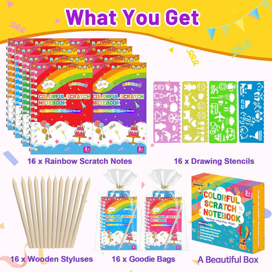 iooo Party Favors for Kids: 16 Pack Scratch Art Notebooks with Rainbow Colors, 2-in-1 Coloring & Scratch Books, Bulk Birthday Gifts, Goodie Bags, Classroom Prizes for Boys & Girls