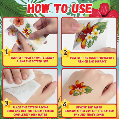 96PCS Tropical Flower Temporary Tattoos Stickers - Summer Hawaii Themed Party Favors Party Decorations Accessories Supplies Hibiscus Plumeria Gift Idea For Kids Teens Adult Classroom Prizes Rewards