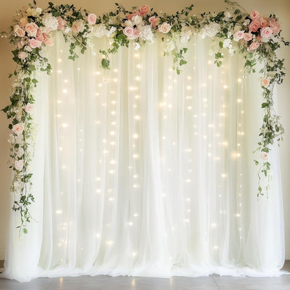 Fomcet Tulle Backdrop Curtains with Lights String White 10FT X 8FT Sheer Curtain with Lights Tulle Curtains Backdrop for Wedding Birthday Party Baby Shower Photo Shoot (2 Panels 5x8FT)