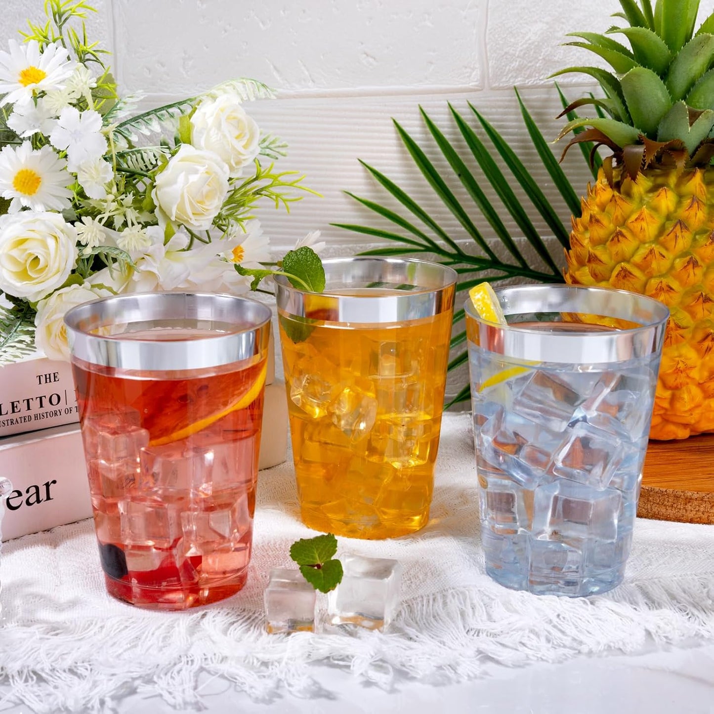 I00000 100 Pack 12 oz Gold Plastic Cups, Gold Rimmed Disposable Cups, Disposable Wine Glasses Cocktail Glasses Premium Cup with Golden Rim, 12 Ounce Plastic Tumblers for Party & Wedding