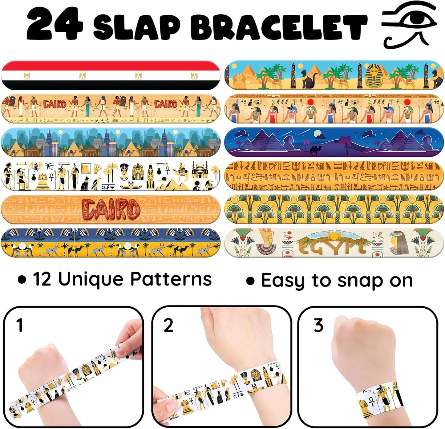 96 PCS Ancient Egypt Party Favors Set – 72 Pre-Cut Temporary Tattoos & 24 Slap Bracelets, Perfect for Egyptian-Themed Events, Travel-Inspired & Ancient History Gifts