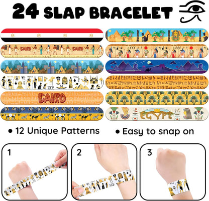 96 PCS Ancient Egypt Party Favors Set – 72 Pre-Cut Temporary Tattoos & 24 Slap Bracelets, Perfect for Egyptian-Themed Events, Travel-Inspired & Ancient History Gifts