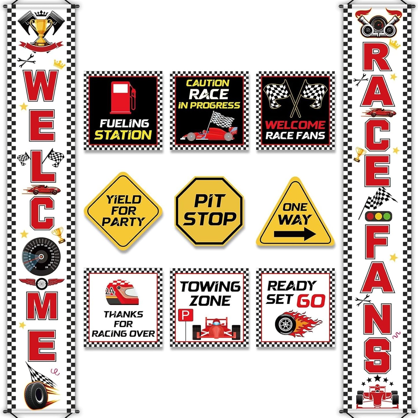 Race Car Birthday Party Banner Checkered Flags 9 Cars Party Signs for Car Birthday Party Decoration Set Racing Fans Welcome Porch Sign for Boys Let's Go Racing Party Supplies for Kids Race Fans
