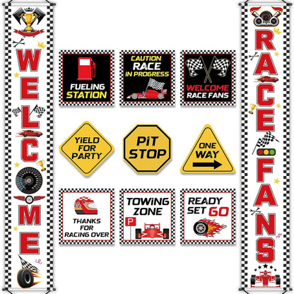 Race Car Birthday Party Banner Checkered Flags 9 Cars Party Signs for Car Birthday Party Decoration Set Racing Fans Welcome Porch Sign for Boys Let's Go Racing Party Supplies for Kids Race Fans