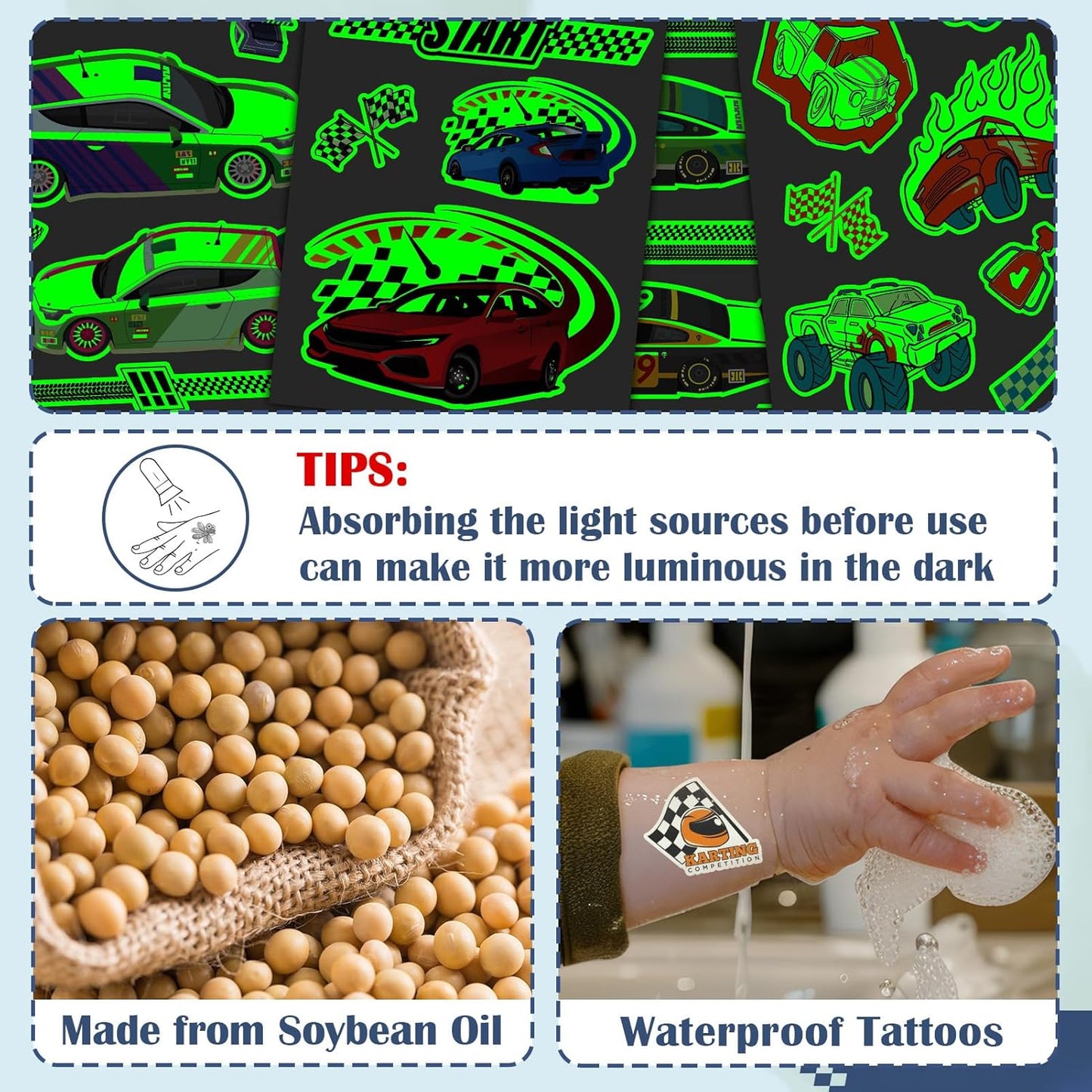 Partywind 380 Styles (30 Sheets) Luminous Tattoos for Kids, Mixed Styles Temporary Tattoos Stickers with Mermaid/Dinosaur/Space/Pirate for Boys and Girls, Glow Party Supplies