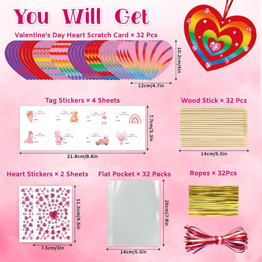 Colorful Magic Color Scratch Valentine Scratch Art Hearts Ornaments Decorations Valentines Day Crafts for Kids Classroom Activities Gifts Exchange Party Favors Games
