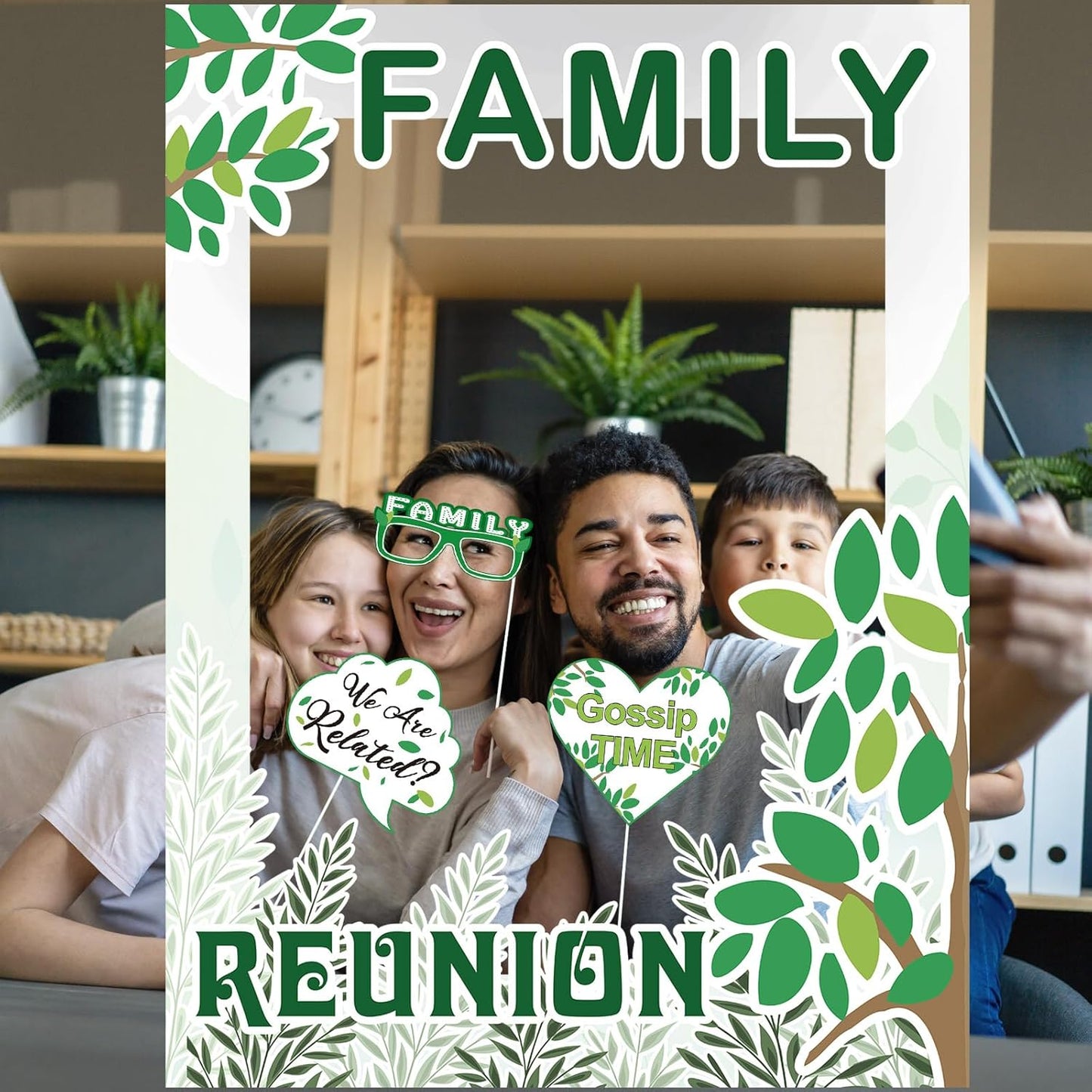 Beeveer 49 Pcs Green Family Tree Photo Booth Props Family Reunion Decorations Gathering Party Photo Booth Picture Frame and Props Happiness Selfie Favors for Home Party Supplies