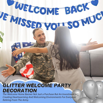 Fulmoon Pre Strung Welcome Back We Missed You So Much Banner, NO DIY, Glitter Welcome Home Celebration Decorations Family Gathering, Back to School, Military Homecoming Decoration(Dark Blue)