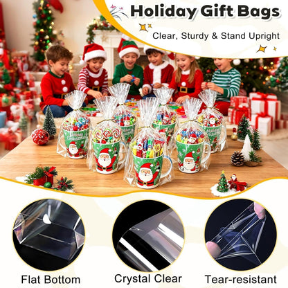 PigPotParty Cellophane Treat Bags 6x9 Inch, 50 Pack Clear Goodie Bags with Bottom Gusset for Stand-Up Display, Small Plastic Gift Wrap for Cookies, Candy, Party Favors, Popcorn, Includes 50 Gold Ties